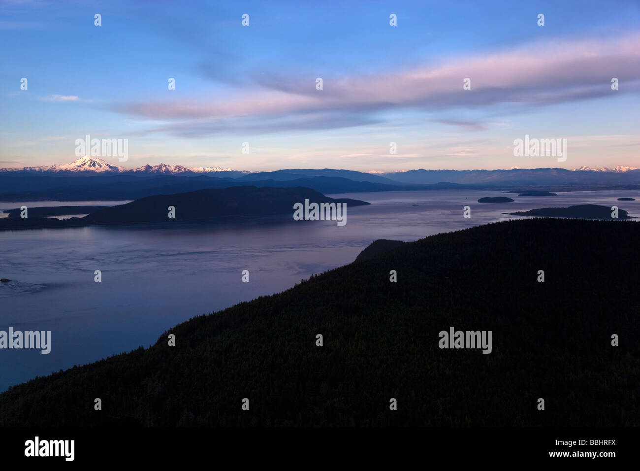 Cascade Range with Mount Baker San Juan Islands in foreground Washington Stock Photo