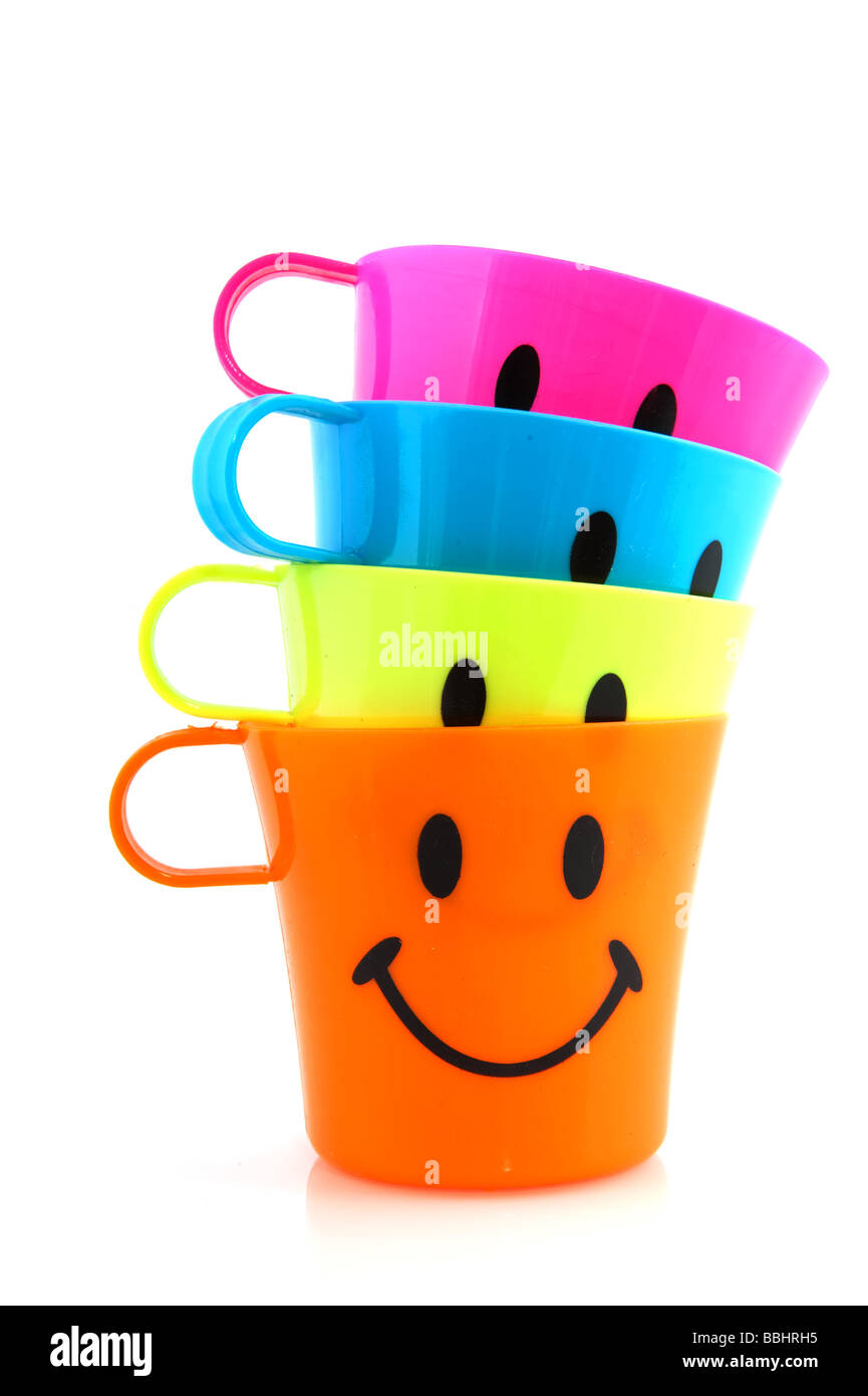 Smiling mugs in cheerful colors Stock Photo