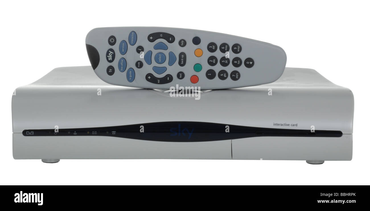 Sky satellite box and remote hand controller on 'white background' Stock Photo