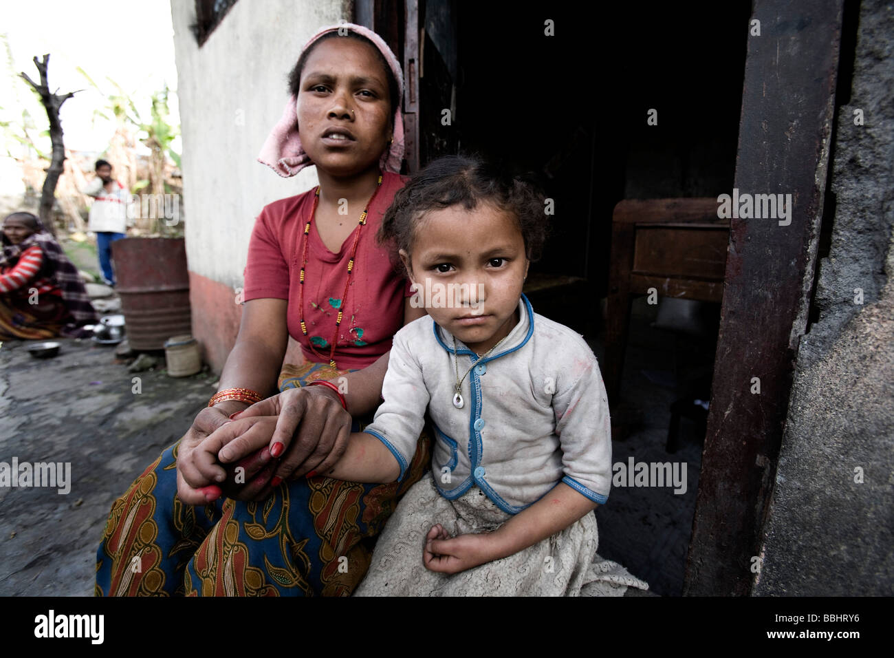 Pokhara, Nepal; Mother with children living in poverty Stock Photo