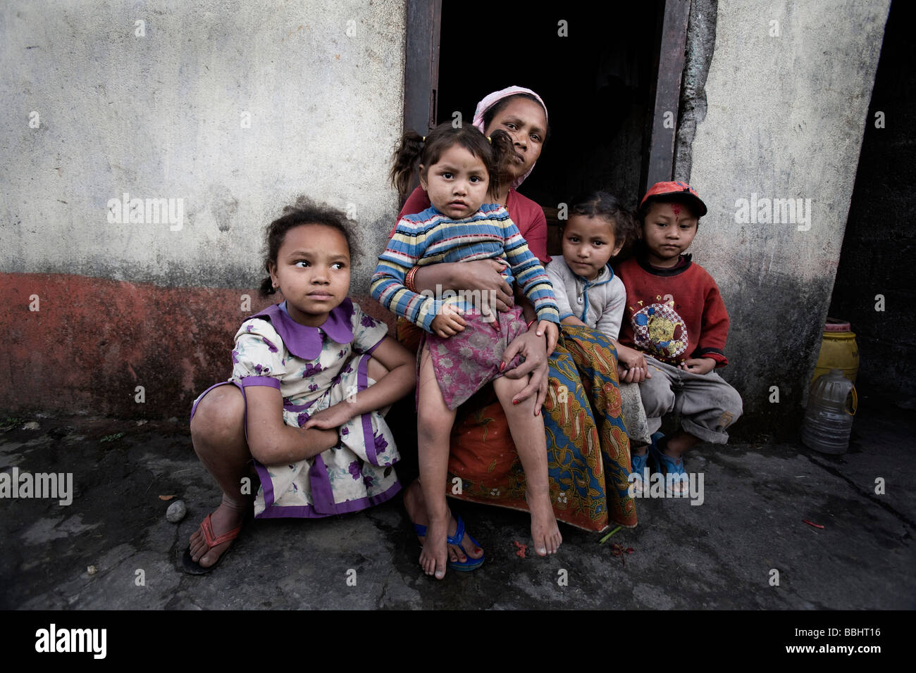 Pokhara, Nepal; Mother with children living in poverty Stock Photo