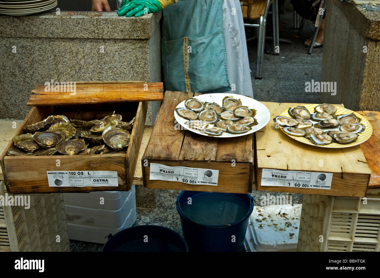 Oysters displayed for sale outside a Spanish restaurant in Vigo Stock Photo
