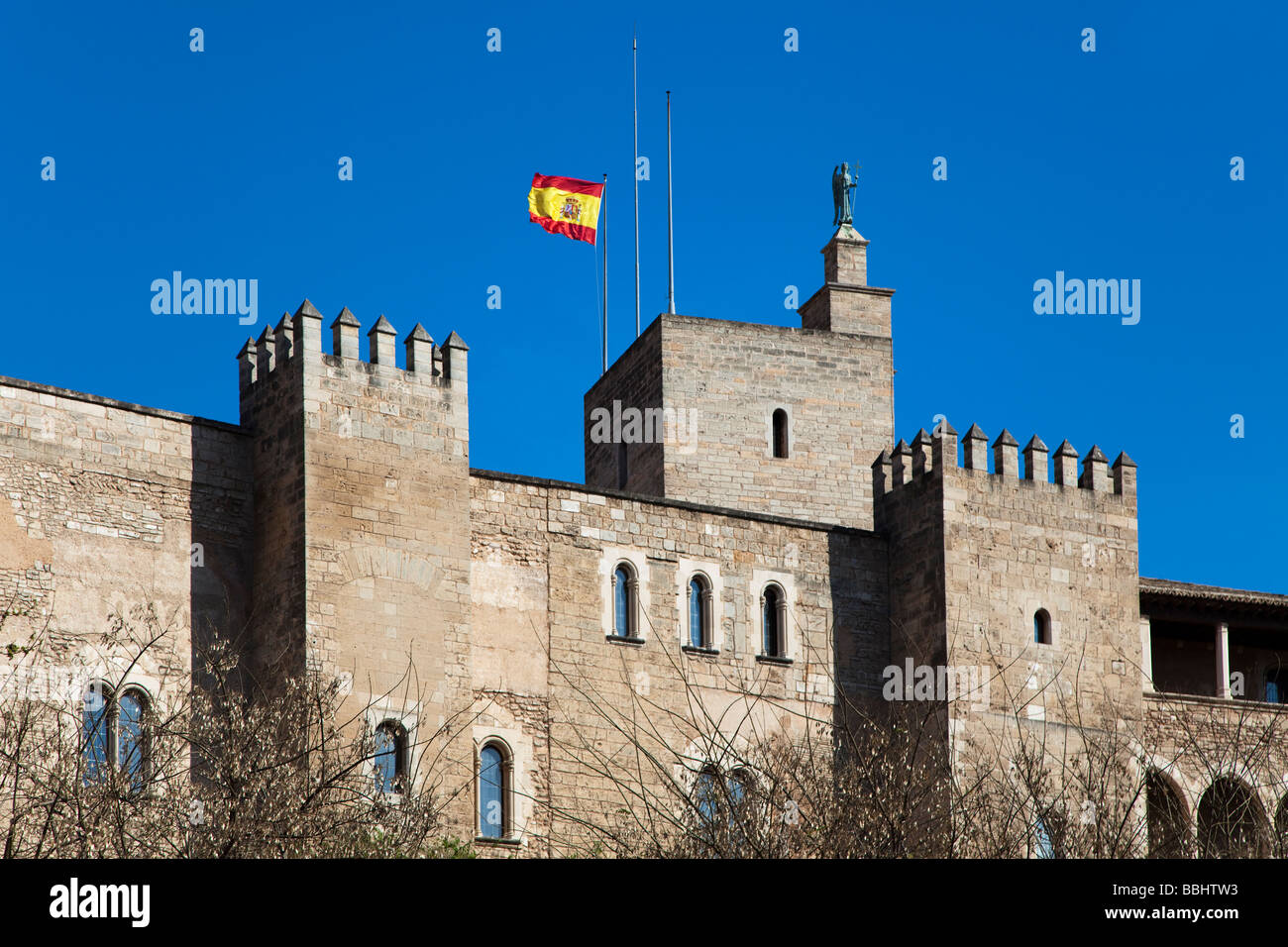 Mallorcan flag flying over royal palace of La Almudaina Palma Mallorca Spain Stock Photo