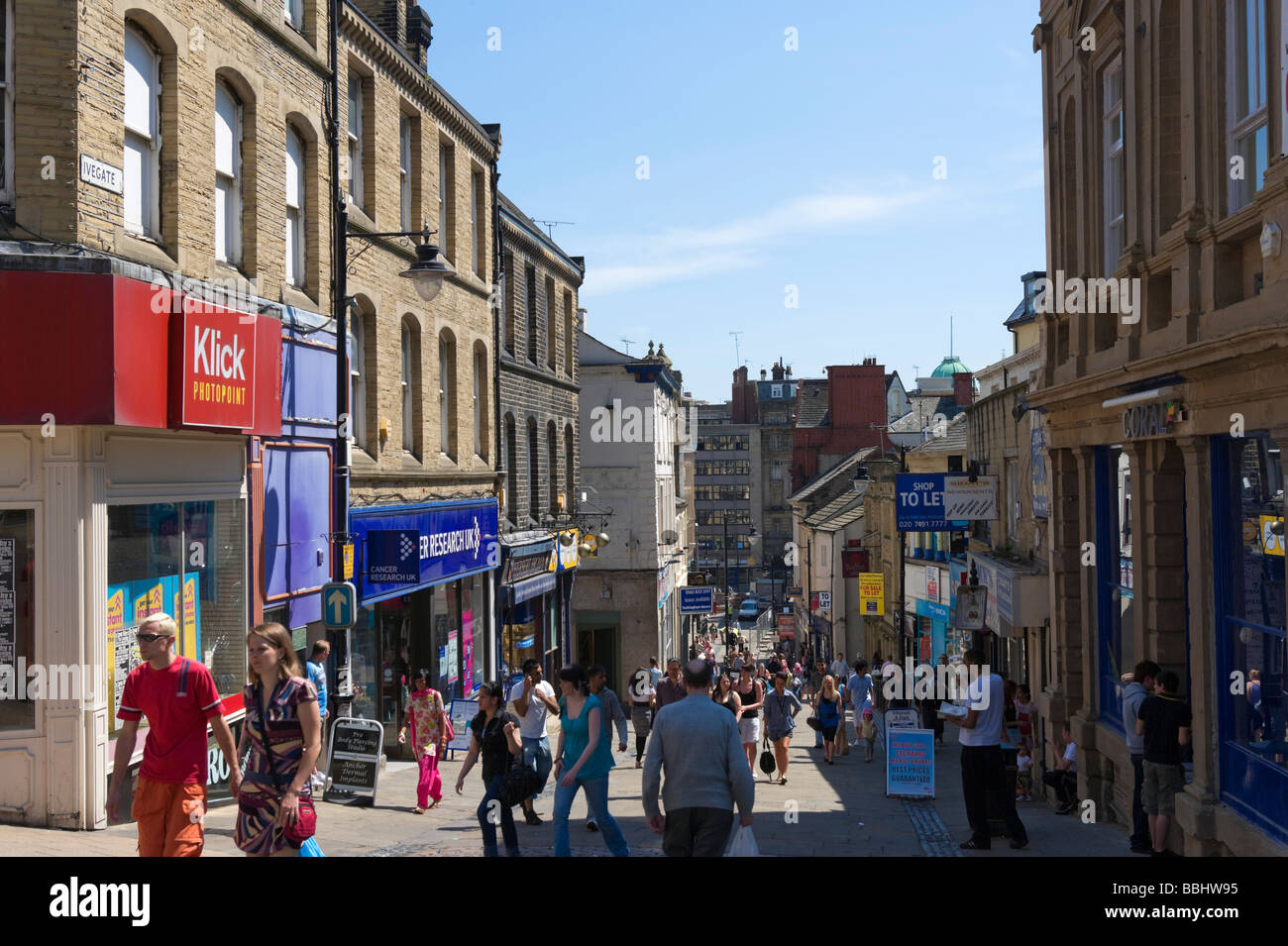 Shops on Ivegate in the City Centre, Bradford, West Yorkshire, England