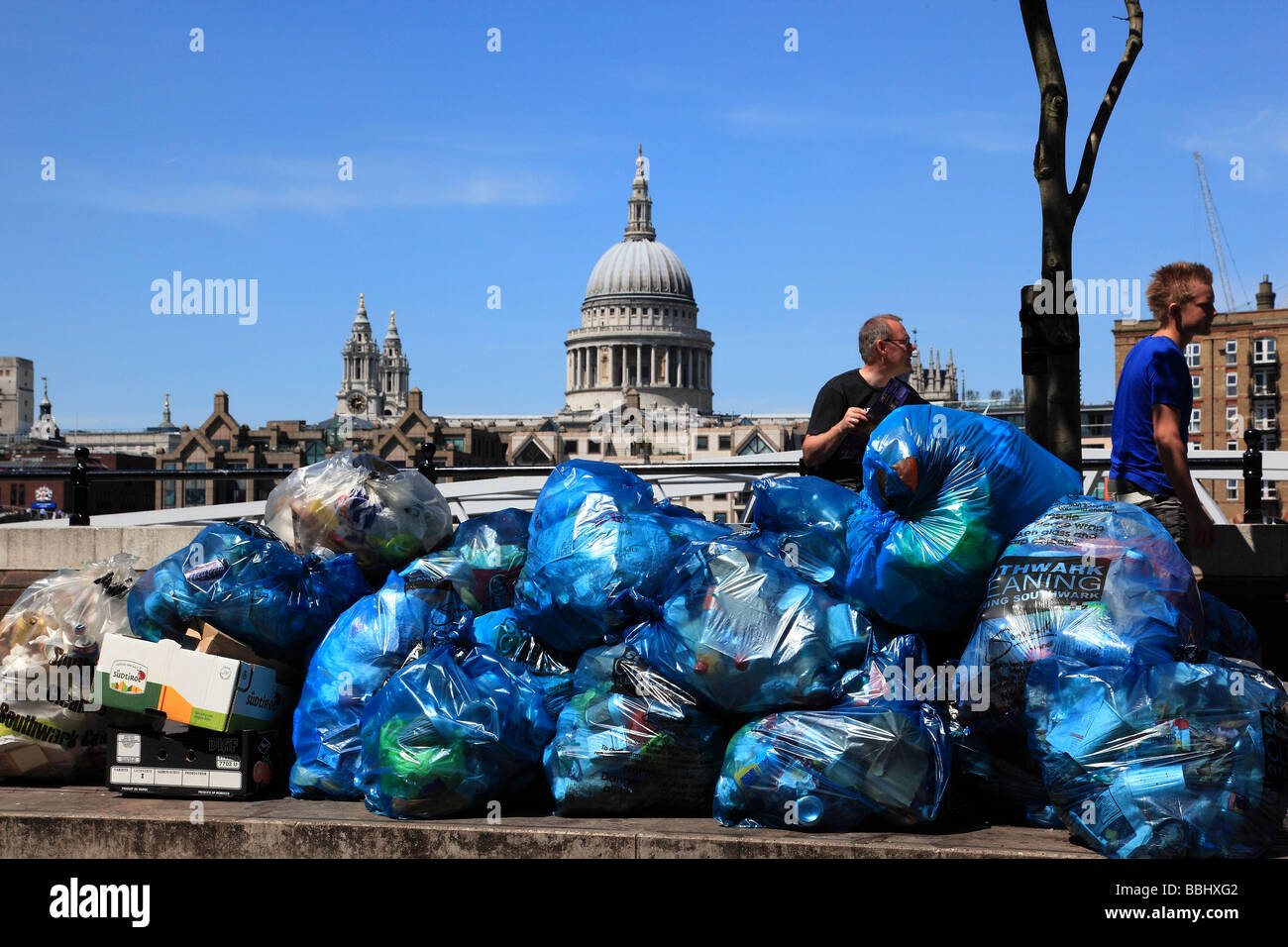 Rubbish collection bags by the Thames embankment and St. Paul's