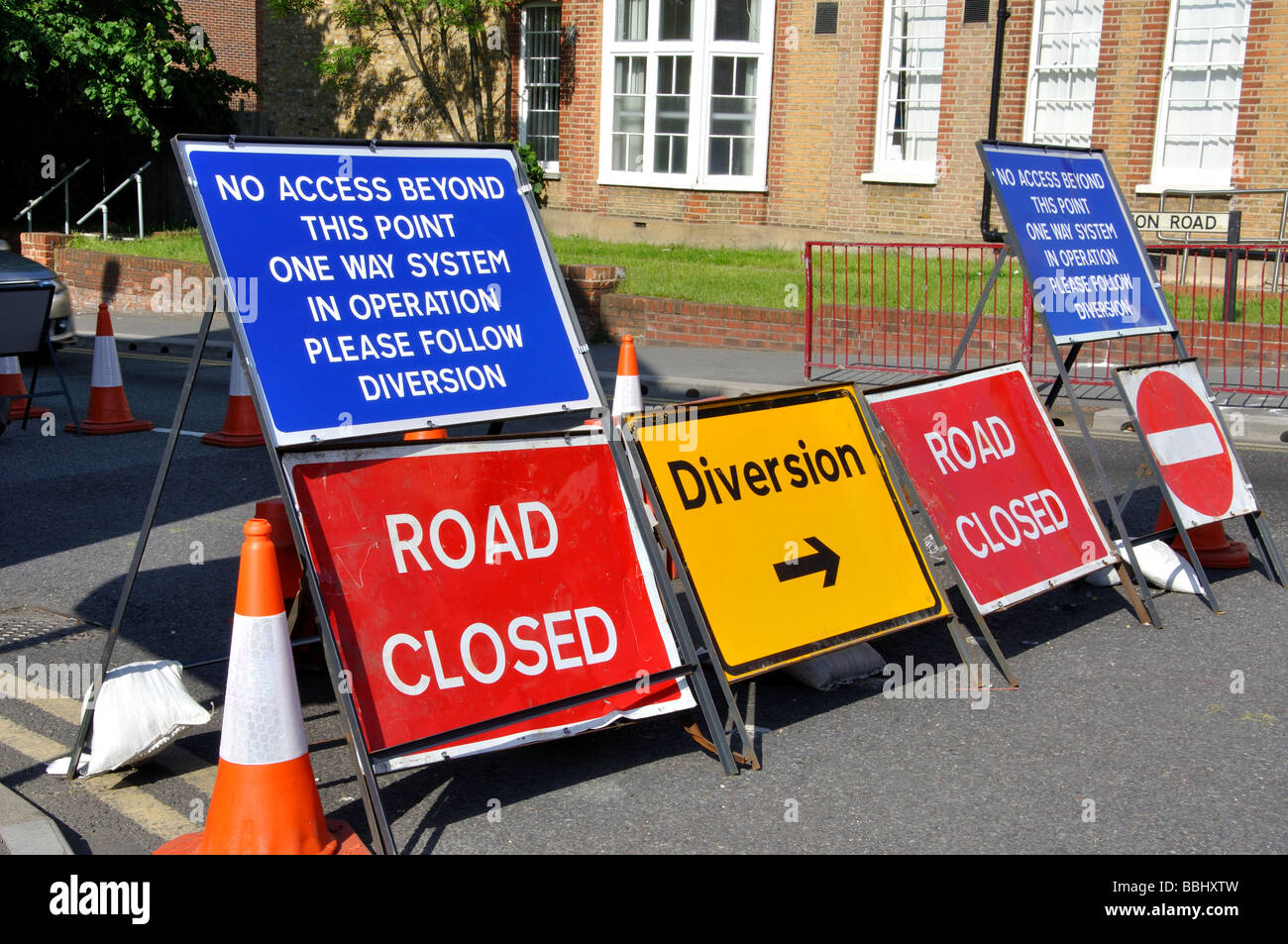 Closed road diversion signs, High Street, Sidcup, London Borough of Bexley, Greater London, England, United Kingdom Stock Photo