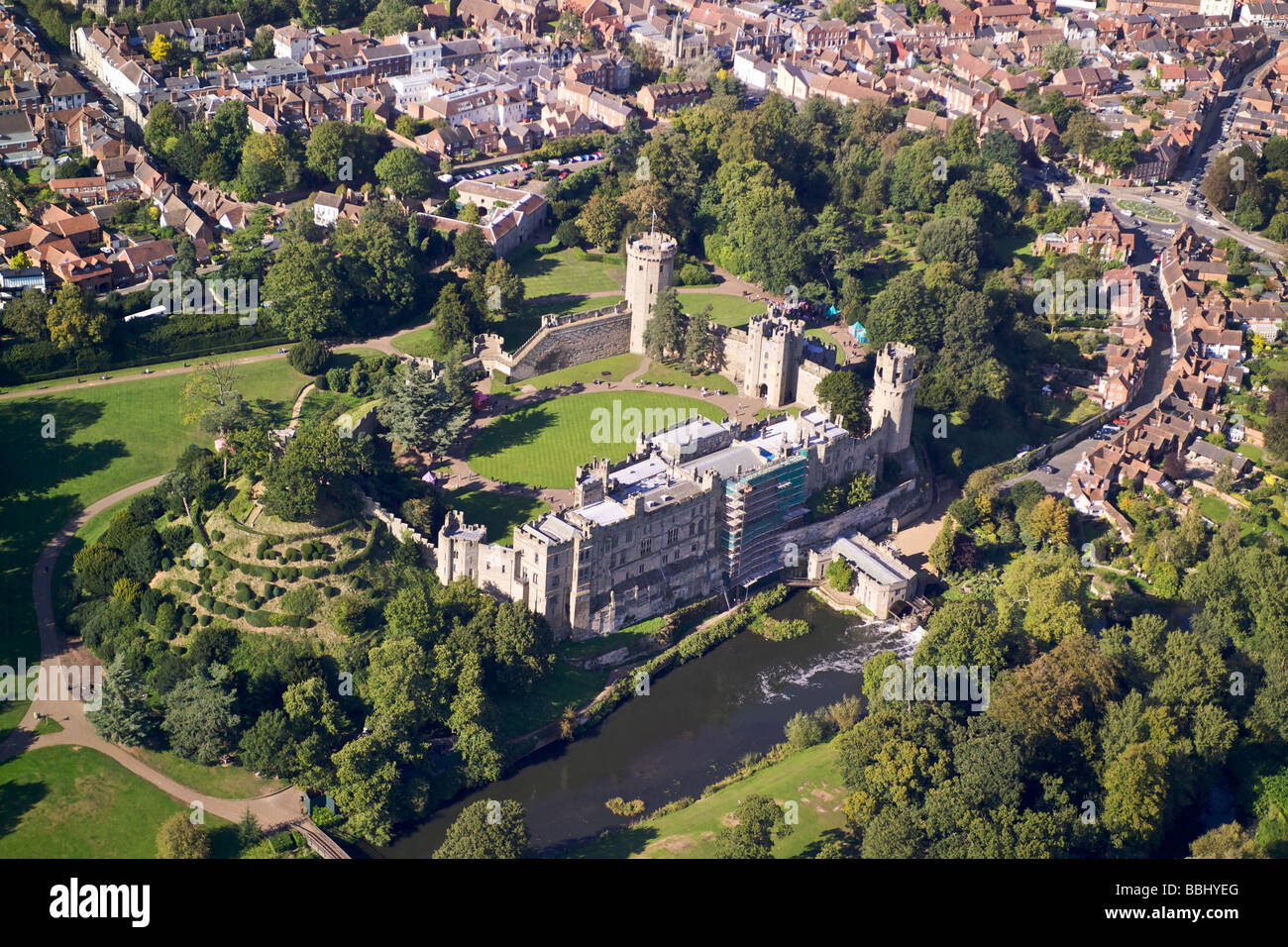 Aerial view of Warwick Castle built by William the Conqueror in 1068 Stock Photo