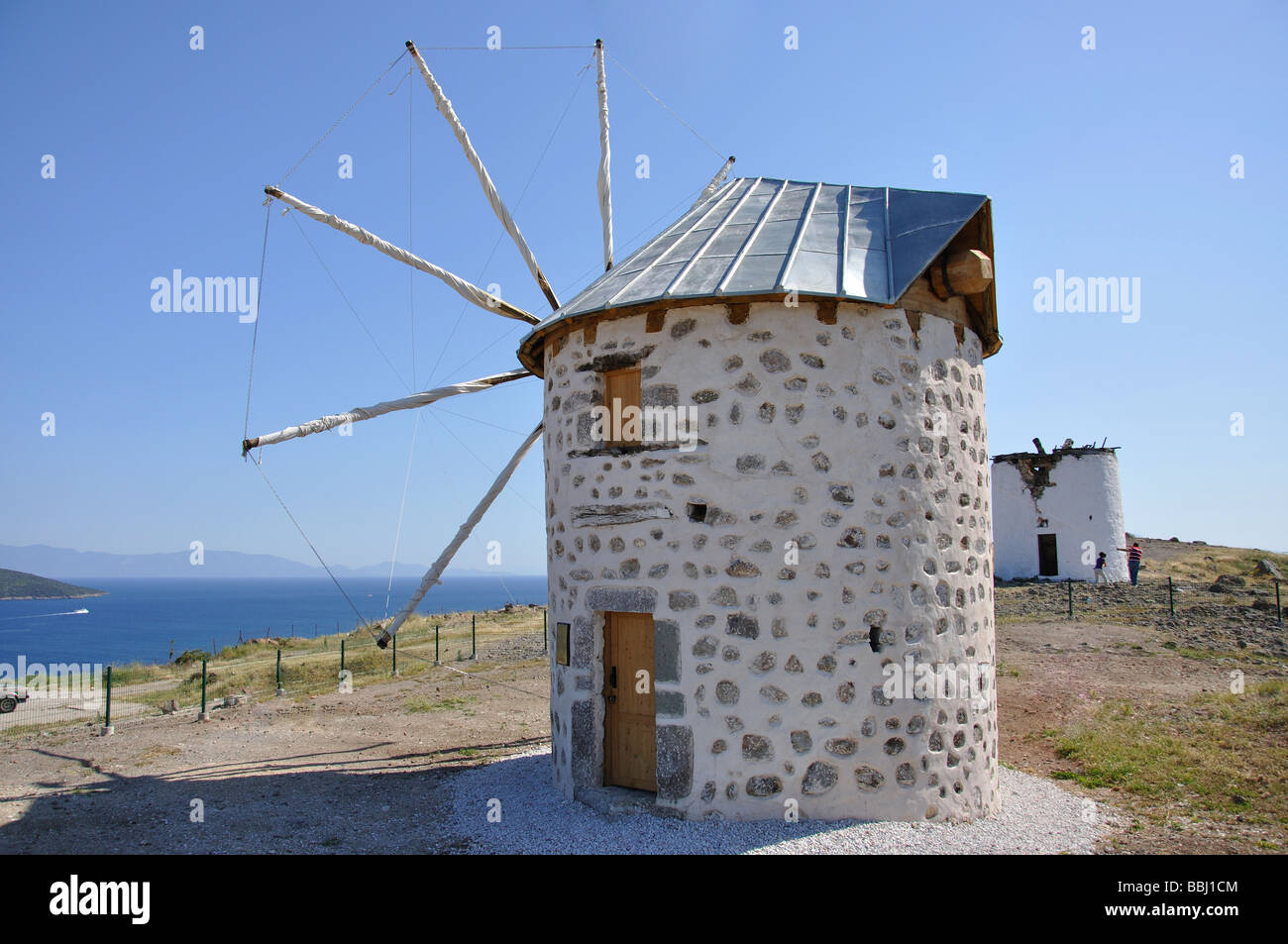 Restored stone windmills, Bodrum, Mugla Province, Turkey Stock Photo