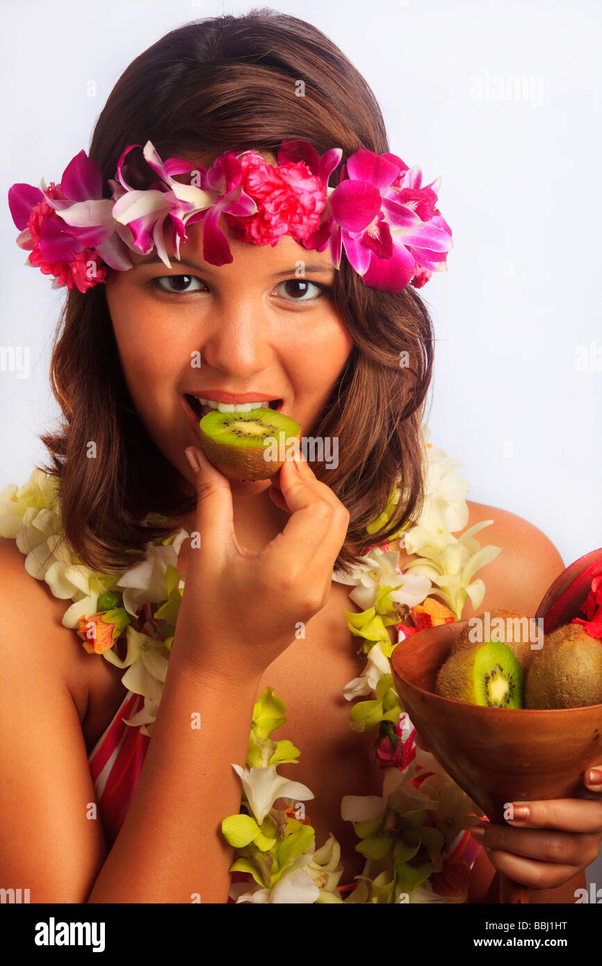 portrait of a Hawaiian girl with flower lei and kiwi fruit Stock Photo ...