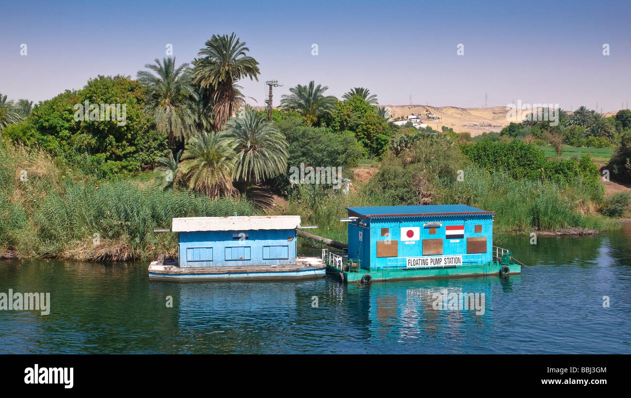 Water pumping station swimming on the Nile at Aswan, Egypt, Africa Stock Photo