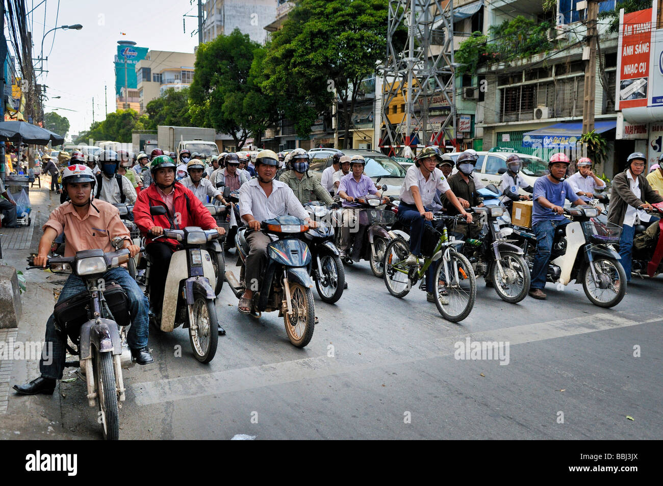 Motorcycles, mopeds in traffic chaos, traffic in Ho Chi Minh City, Saigon, Vietnam, Southeast Asia Stock Photo