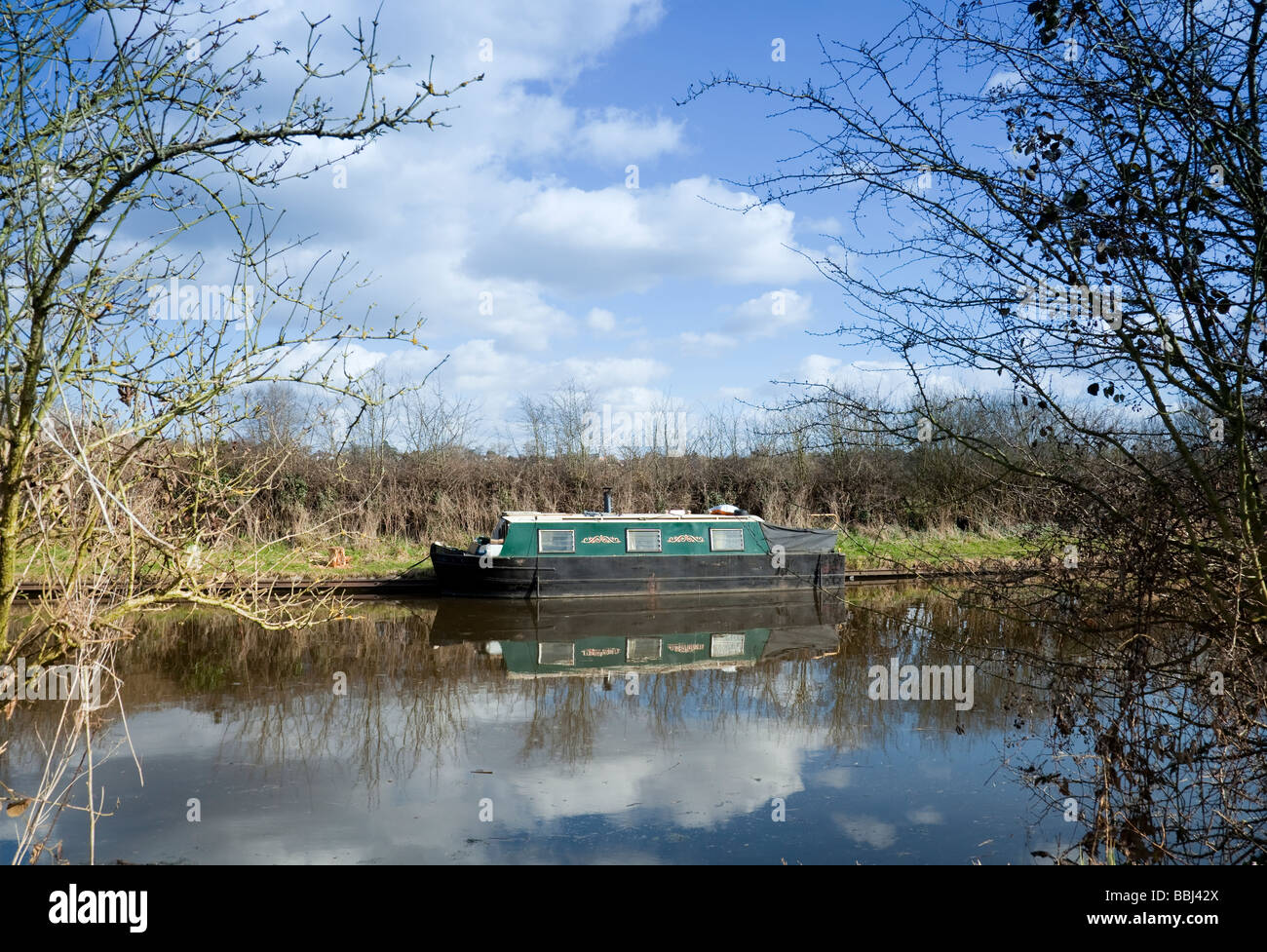 UK, England, Buckinghamshire, near Denham, Grand Union Canal and moored Narrowboat named 'Wendy Kathy' Stock Photo