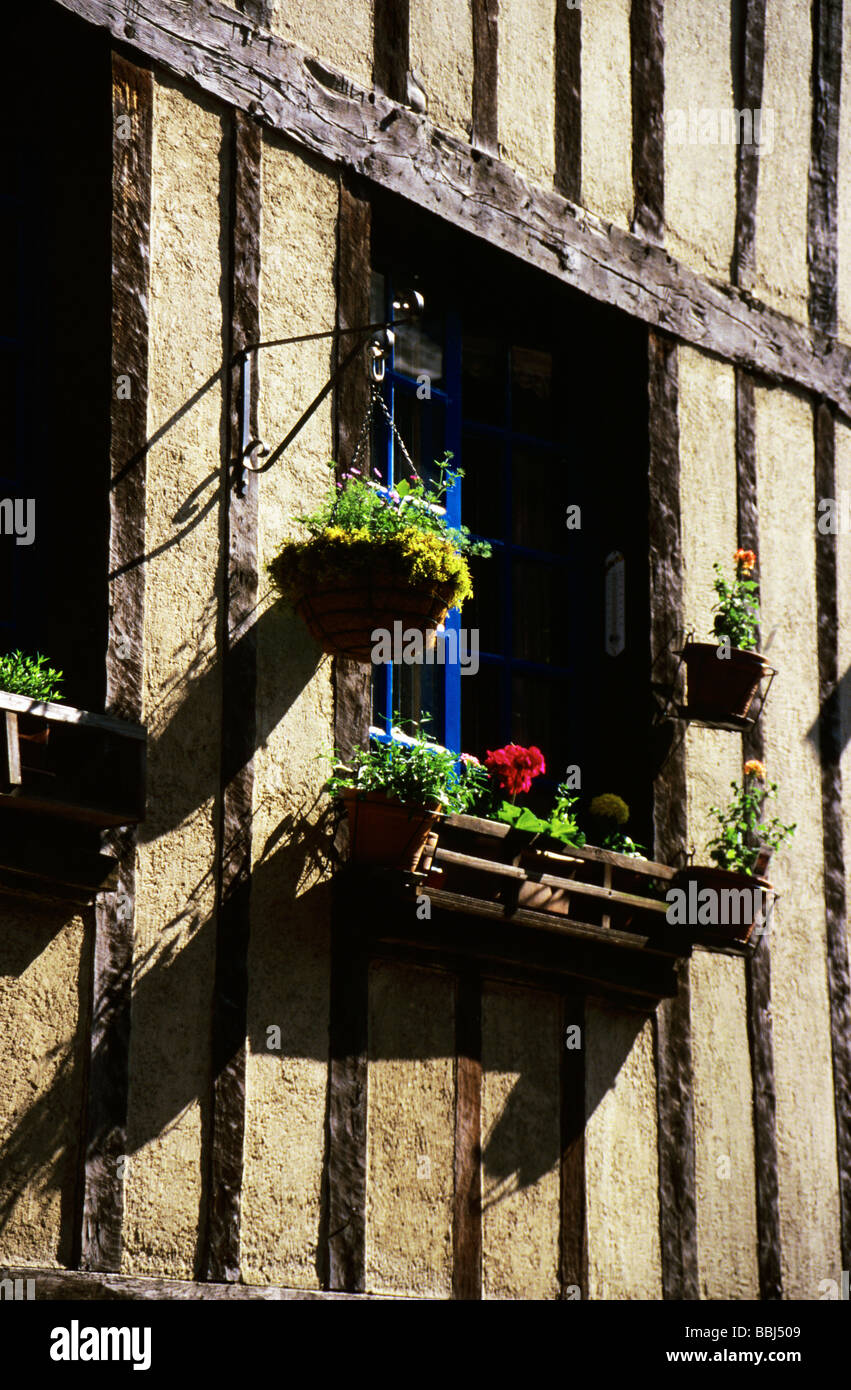 Quaint Window Window box on a quaint timber framed houses in the Old Town of Dinan ...