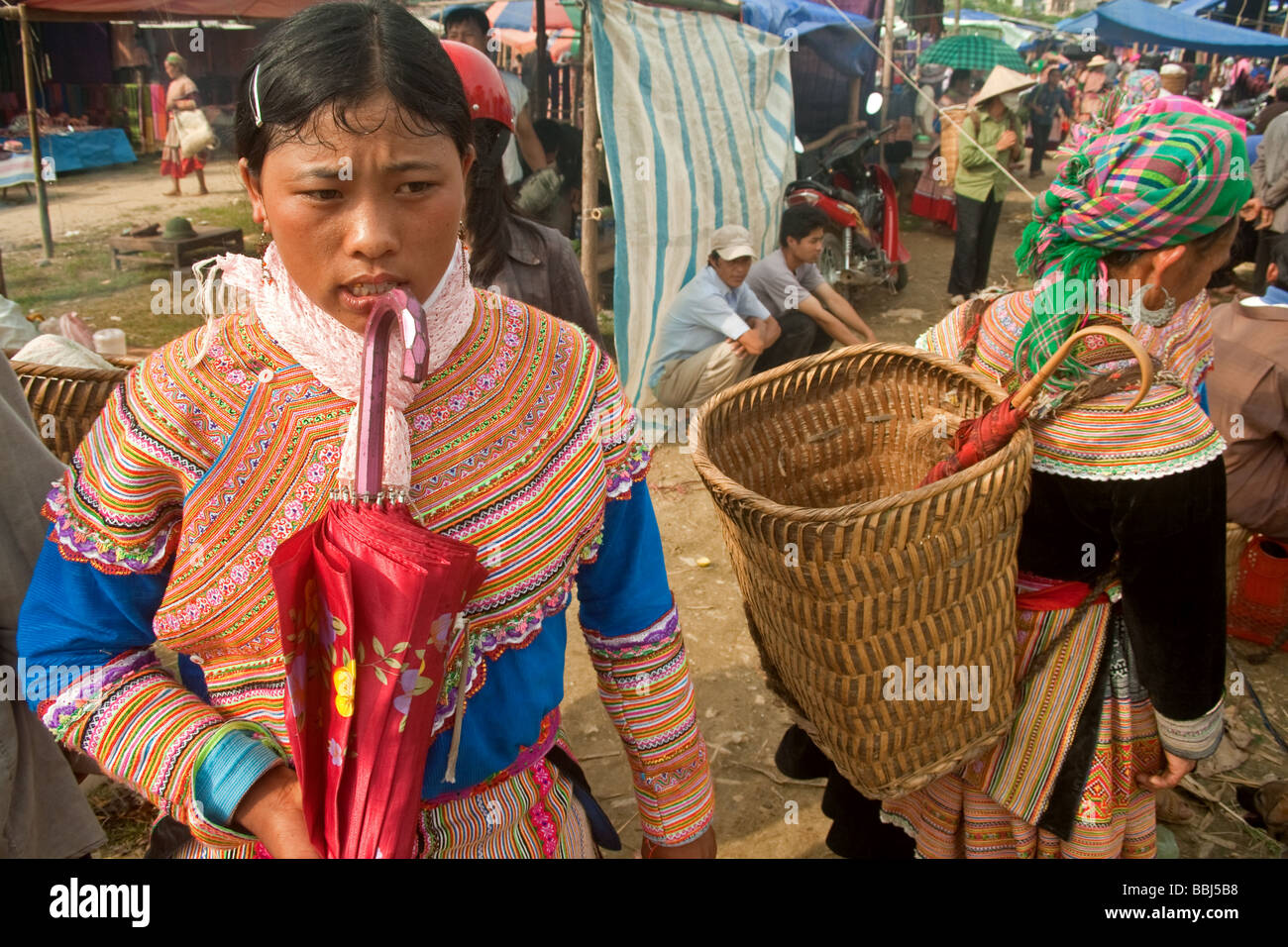 Flower H'mong Tribal girl at Bac Ha Market, Bac Ha, Vietnam Stock Photo