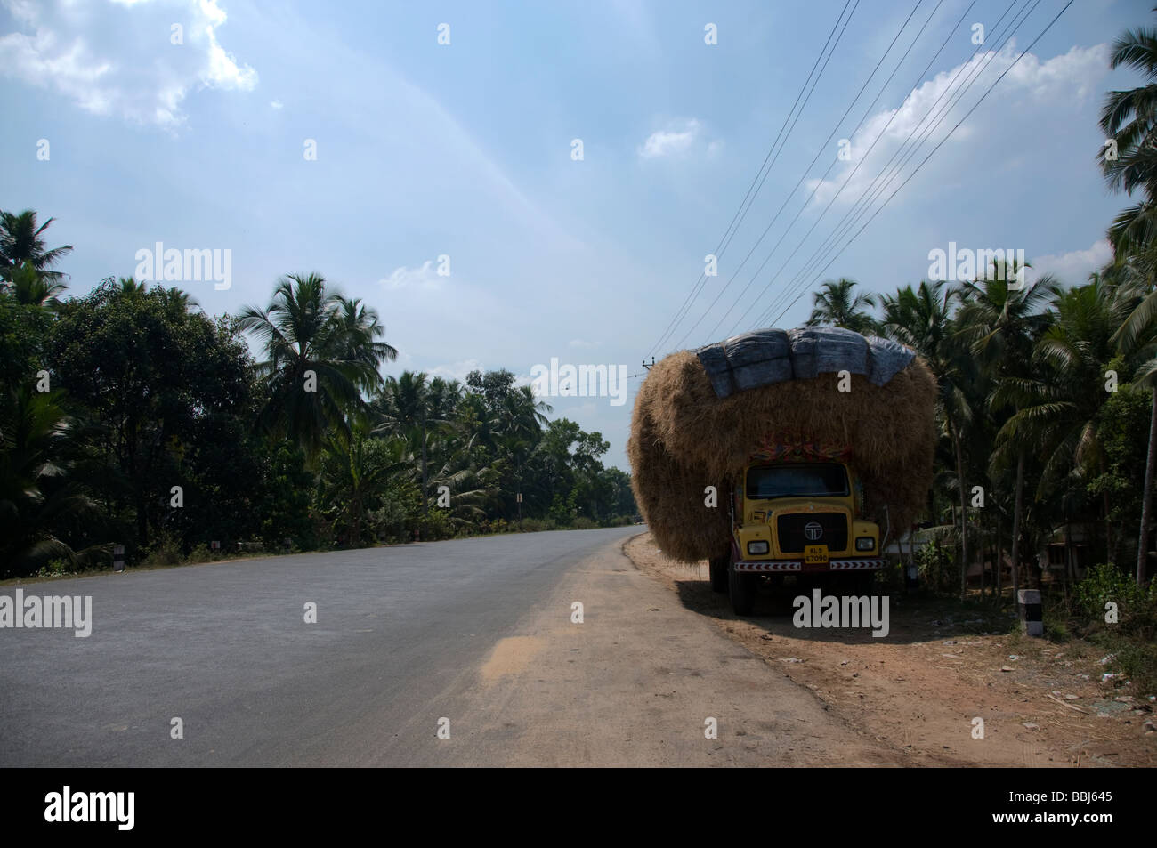 Truck Carrying Hay on the roadside kerala india Stock Photo