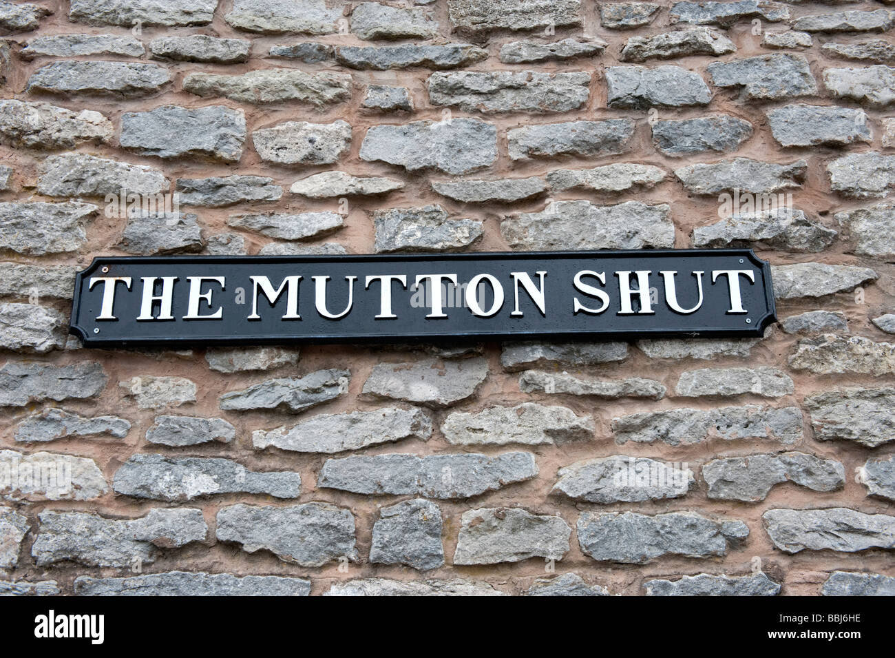 The Mutton Shut street sign in Ironbridge, Shropshire Stock Photo