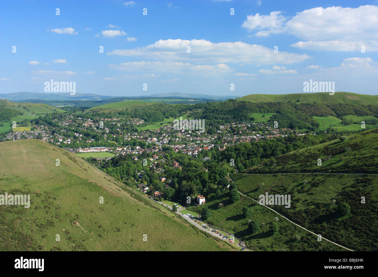 The Shropshire town of Church Stretton, nestled beneath the Long Mynd. View down Cardingmill Valley. Stock Photo