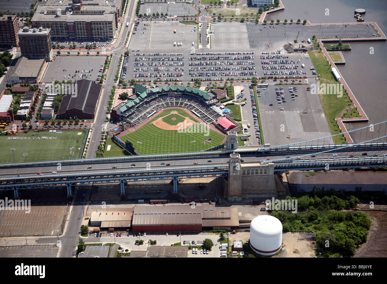Aerial photograph of Rutgers University Baseball Stadium in Camden, New Jersey, near the Benjamin Franklin Bridge Stock Photo