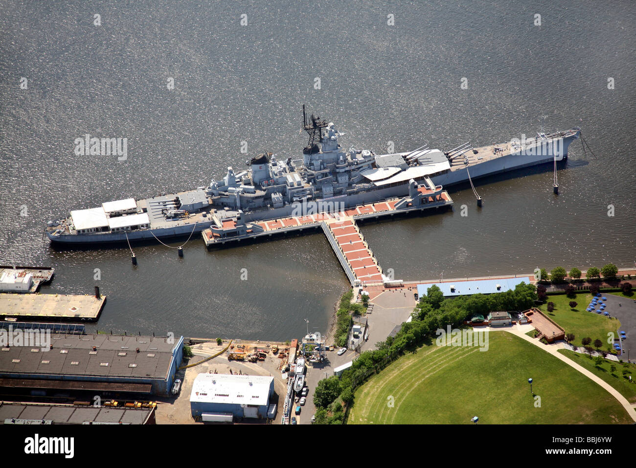 Aerial photograph of the United States BattleShip  'New Jersey' anchored in the Delaware River at Camden, New Jersey Stock Photo