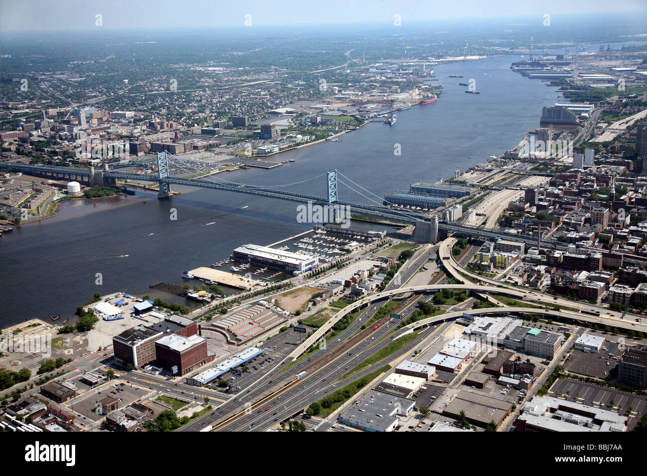 Aerial photo of the Benjamin Franklin Bridge, which connects Philadelphia, Pennsylvania and Camden, New Jersey Stock Photo