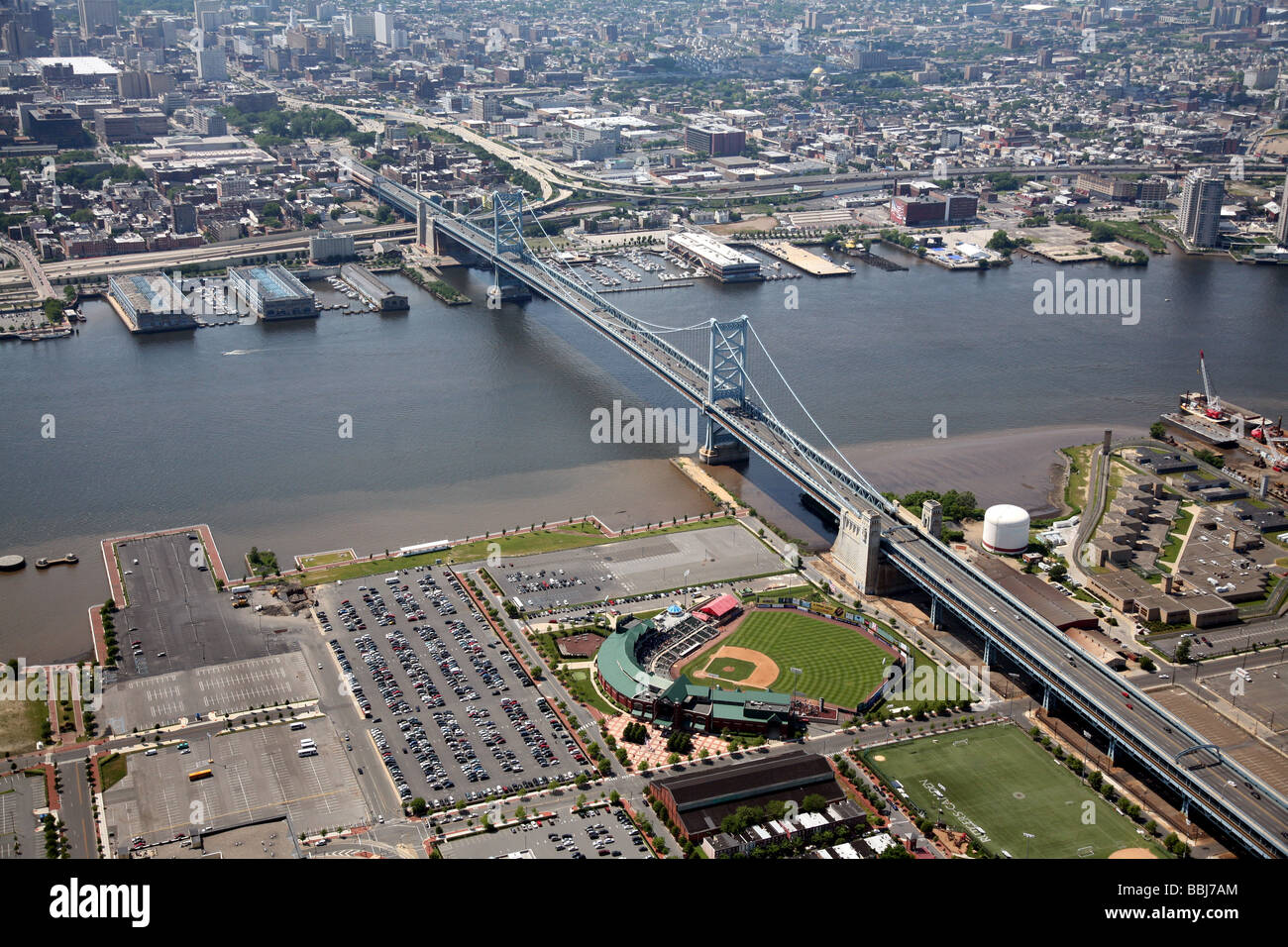 Aerial photo of the Benjamin Franklin Bridge, which connects Philadelphia, Pennsylvania and Camden, New Jersey, Stock Photo