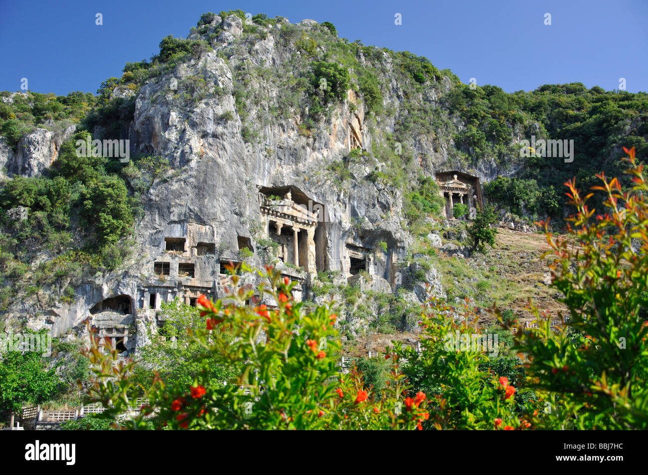 Lycian Tombs cut into cliffs, Fethiye, Mugla Province, Republic of Türkiye Stock Photo