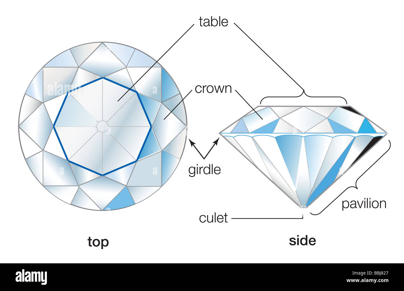 Faceted stone showing the various parts of a cut gem. Stock Photo