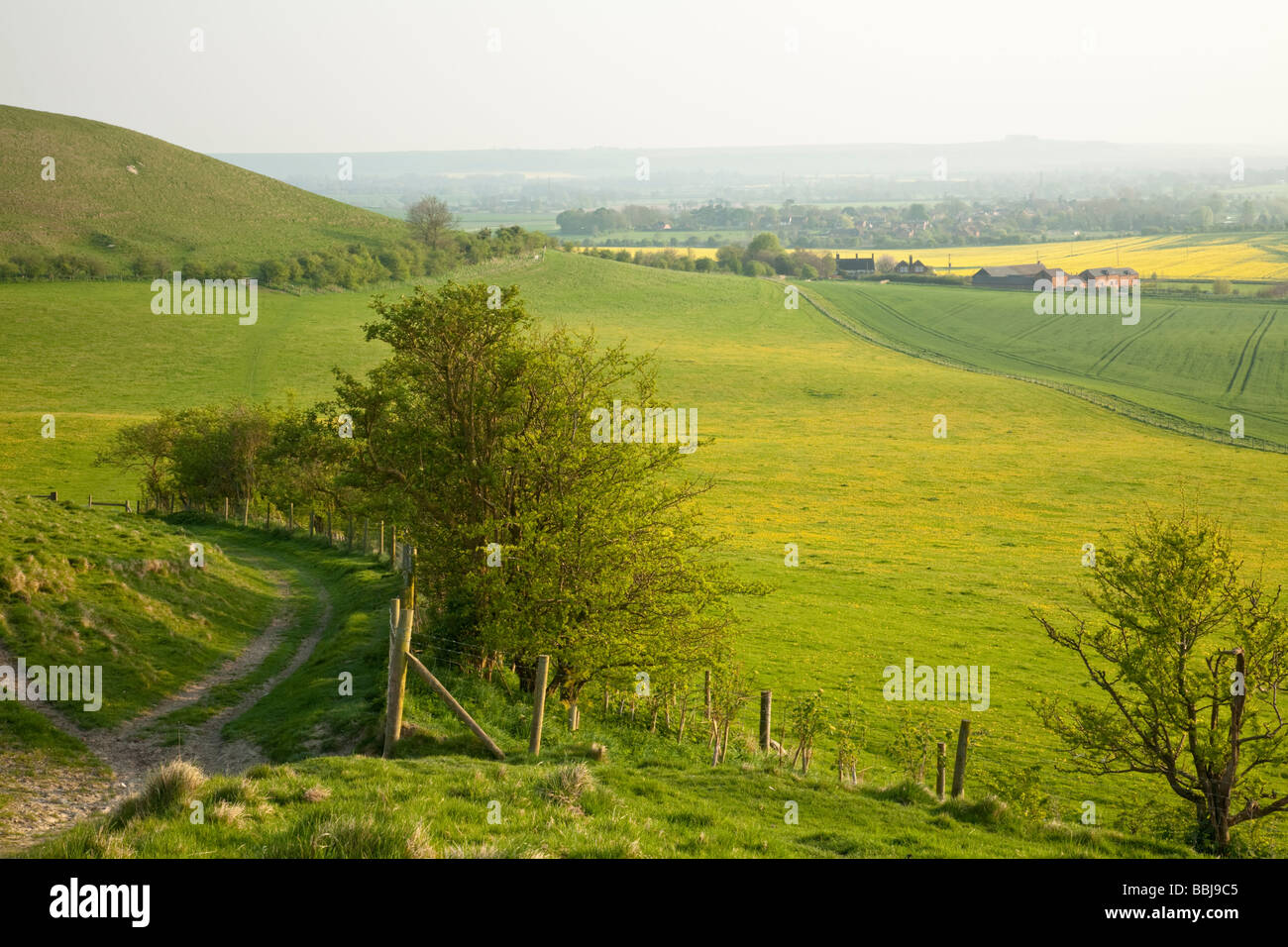 Looking back down the footpath on the way to the top of Tan Hill near Alton Barnes in Wiltshire Stock Photo