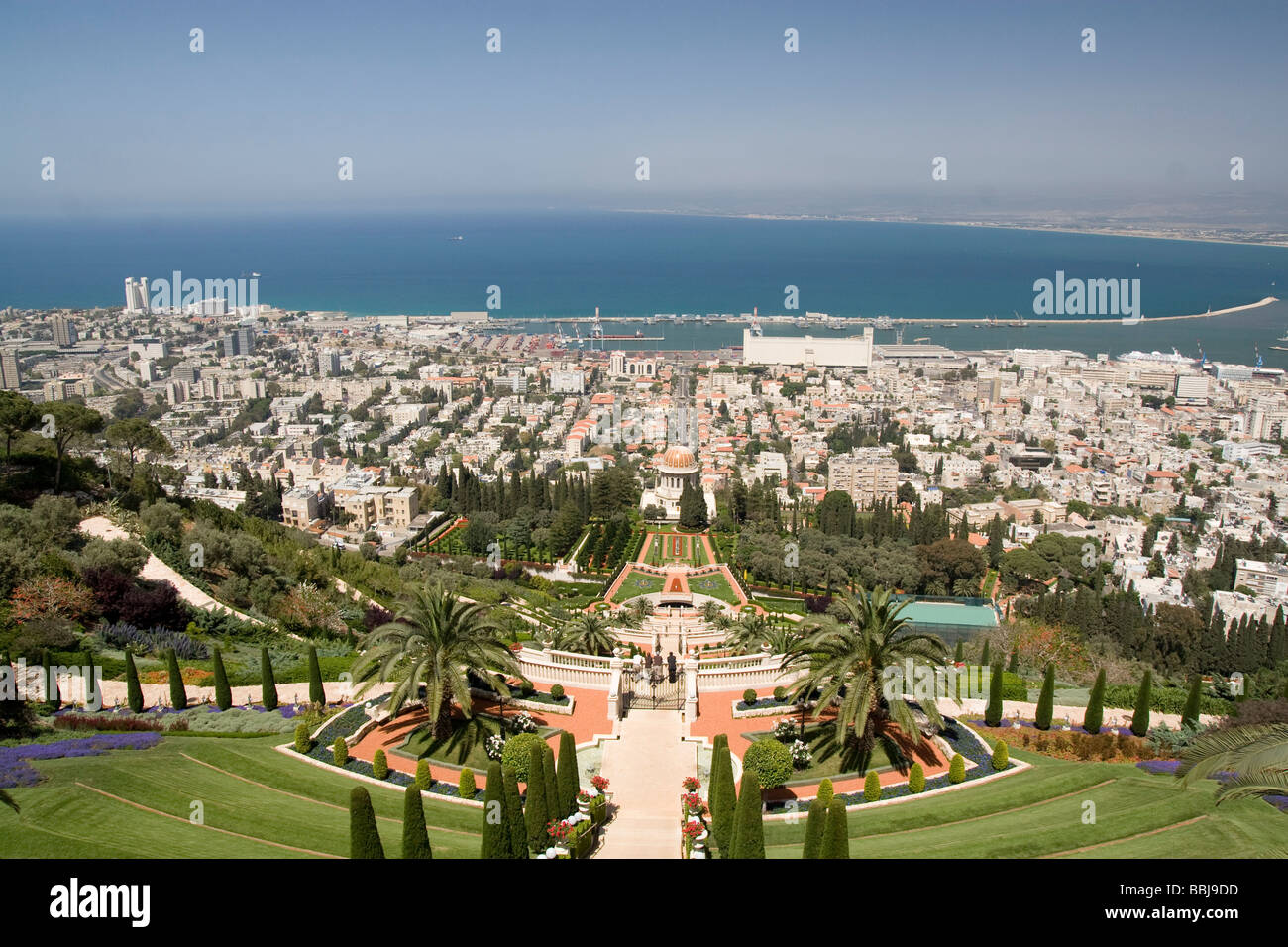 Israel Haifa The Bahai Gardens Haifa port in the background Stock Photo ...