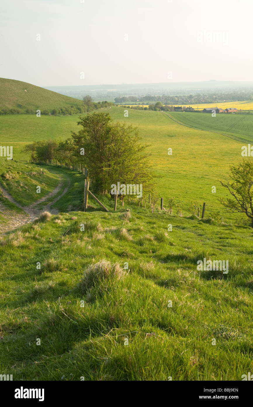 Looking back down the footpath on the way to the top of Tan Hill near Alton Barnes in Wiltshire Stock Photo