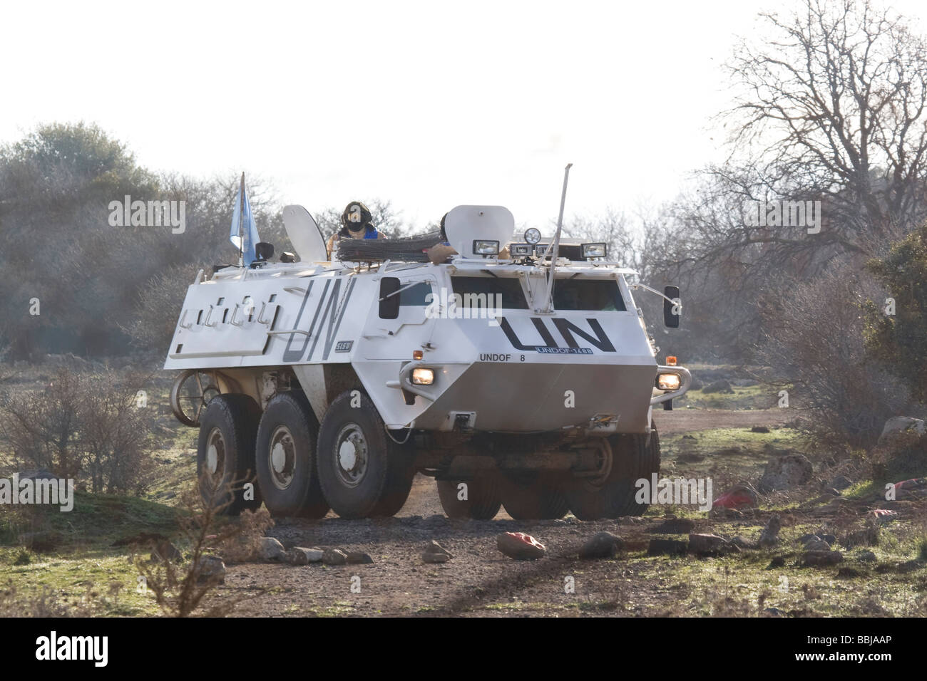 Israel Golan Heights A U N armored vehicle on the Israeli Syrian border