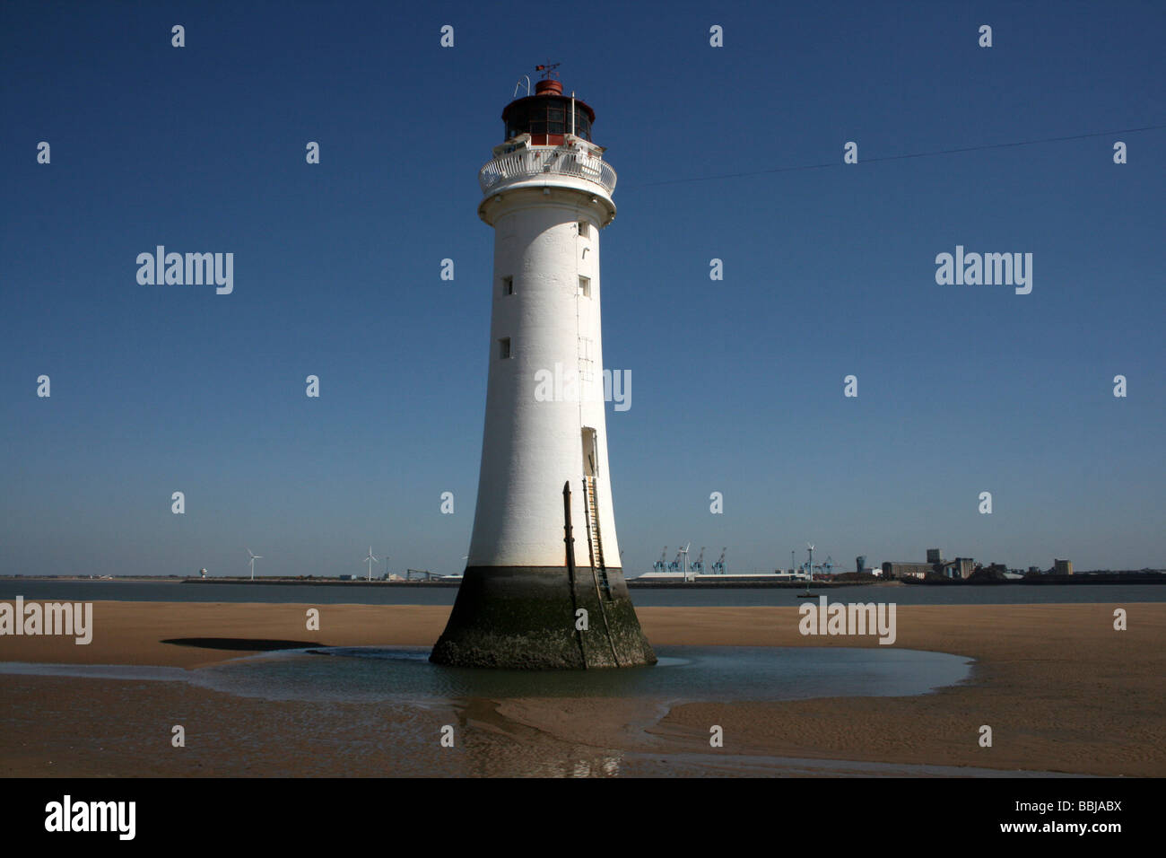 New Brighton Lighthouse At Low Tide, Wallasey, The Wirral, Merseyside, UK Stock Photo