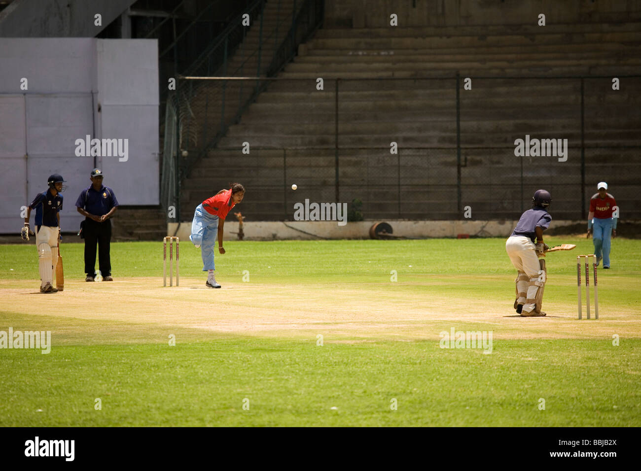 The Indian women's cricket captain, Jhulan Goswami, bowls during a warm up match ahead of the 2009 T20 World Cup in England. Stock Photo