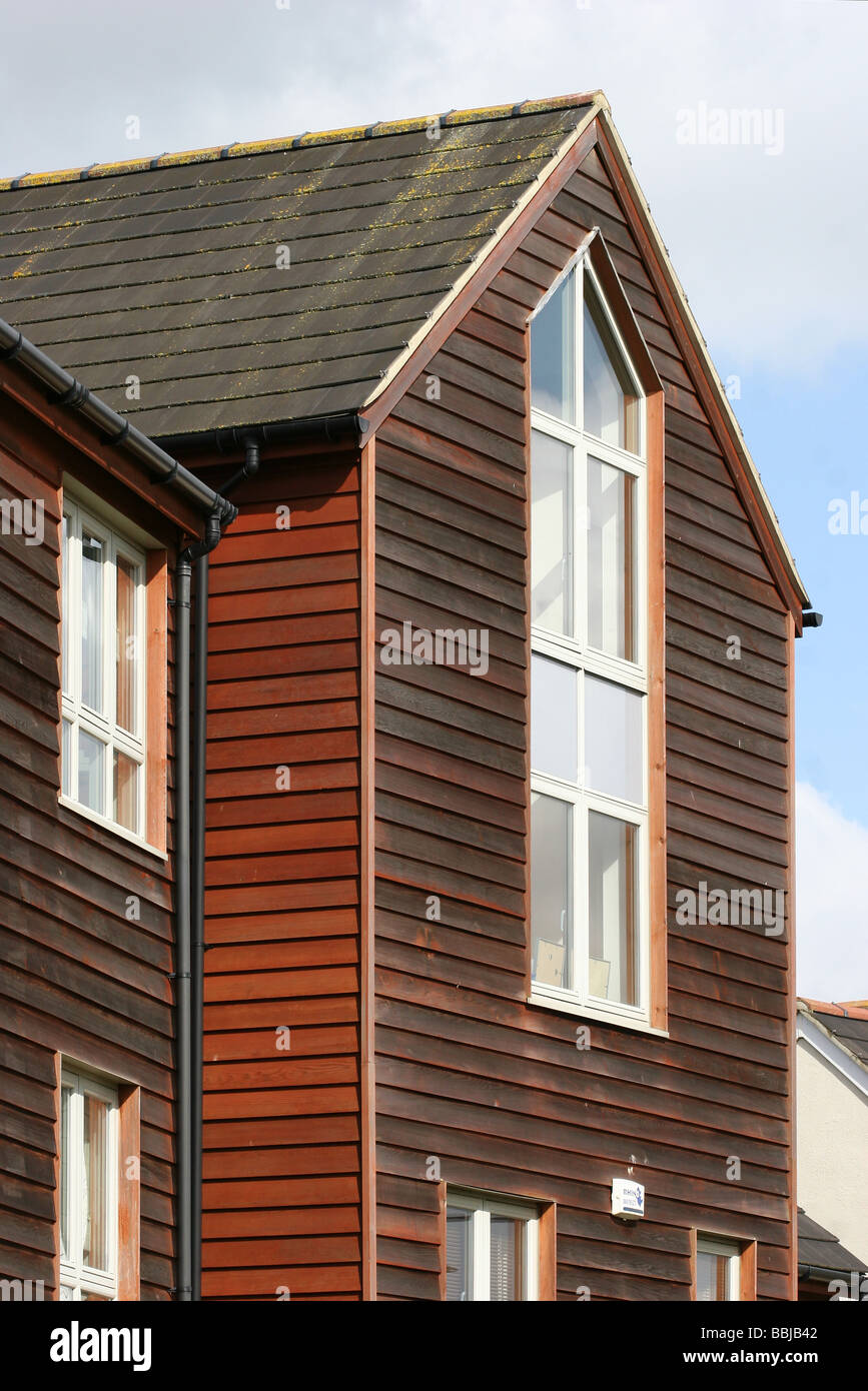 Wood clad contemporary house. Modern housing with shiplap wooden