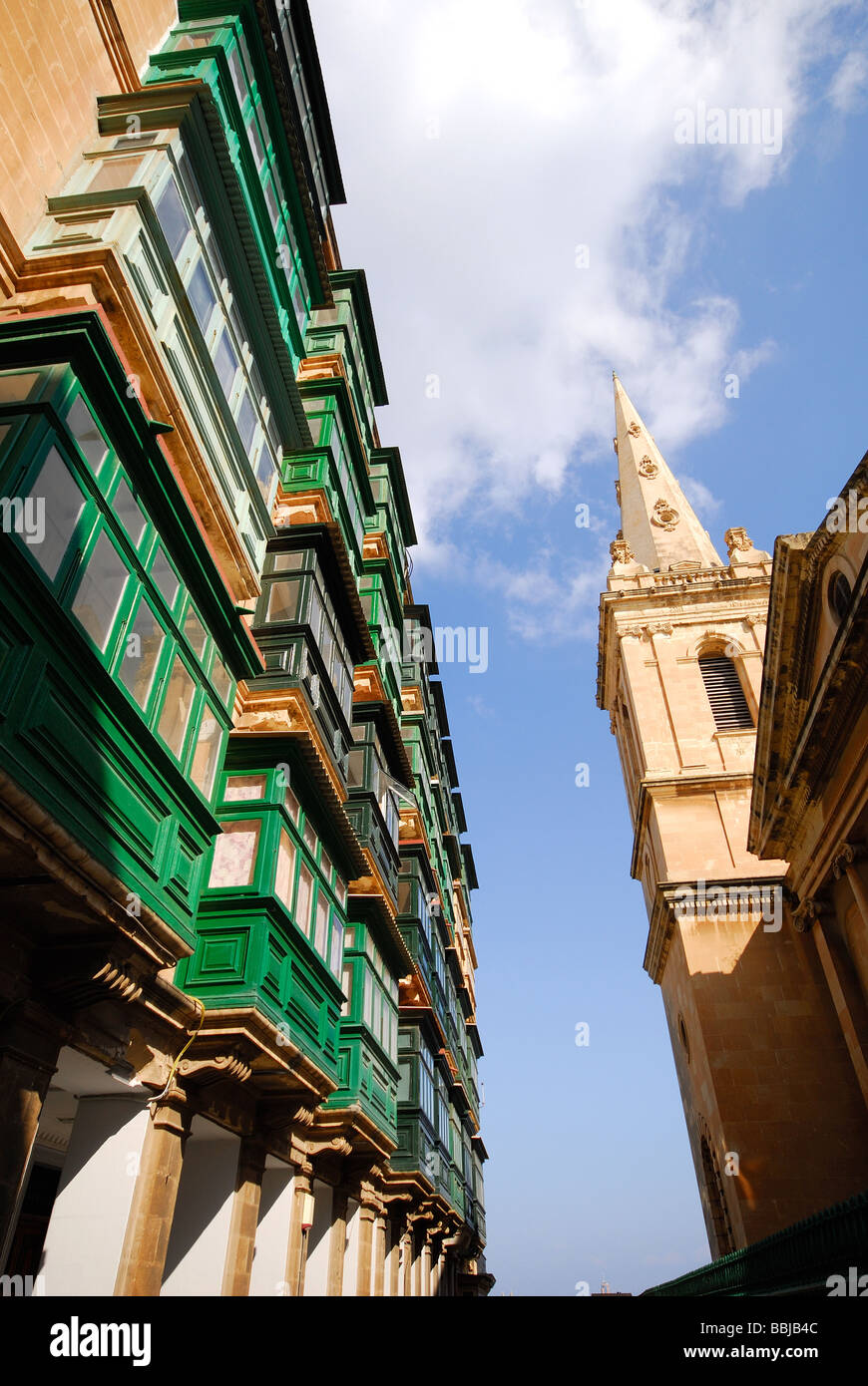 MALTA. Buildings on Triq il-Punent in Valletta, with St. Paul's Anglican Cathedral on the right. 2009. Stock Photo