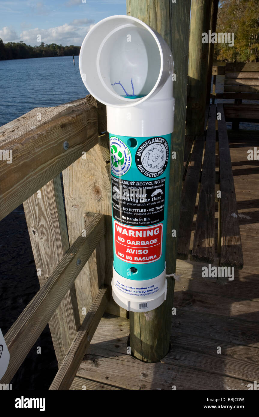 used monofilament fishing line recycling container on dock along