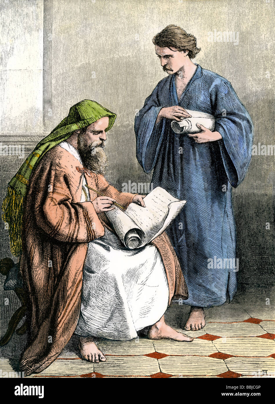 Paul in a Roman prison writing the Epistles. Hand-colored woodcut Stock Photo