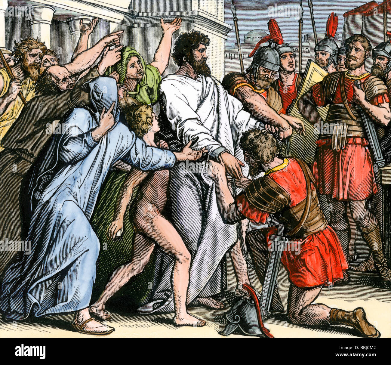 Arrest of the apostle Paul in Jerusalem to be sent to prison in Caesarea. Hand-colored woodcut Stock Photo