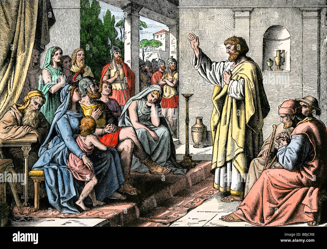 Peter the Apostle in the house of Cornelius a Roman soldier. Hand-colored woodcut Stock Photo