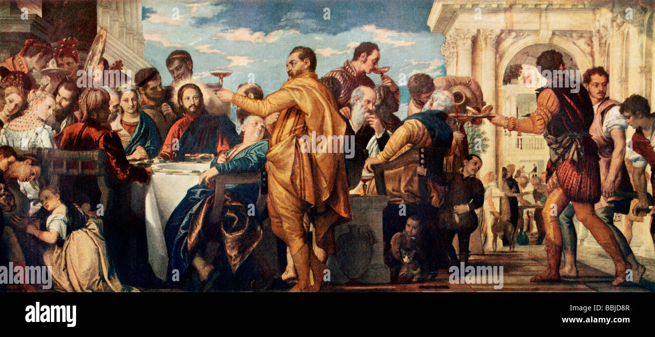 The wedding at Cana where Jesus turned water into wine. Color halftone of a painting by Paolo Veronese Stock Photo
