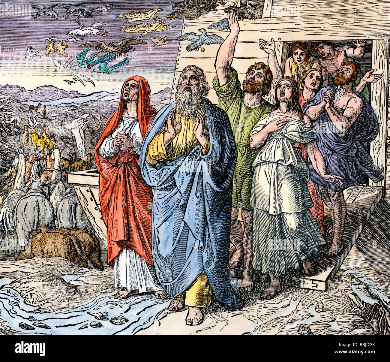 Noah and his family emerging from the ark after the flood. Hand-colored woodcut Stock Photo