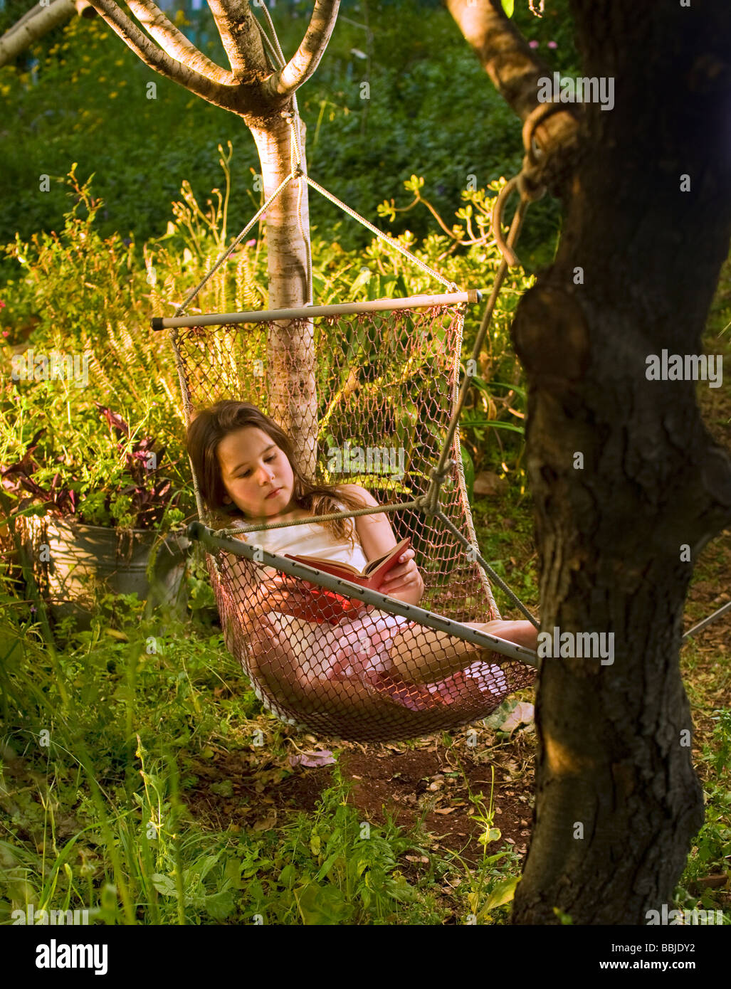 young girl reading a book on a hammock Stock Photo - Alamy