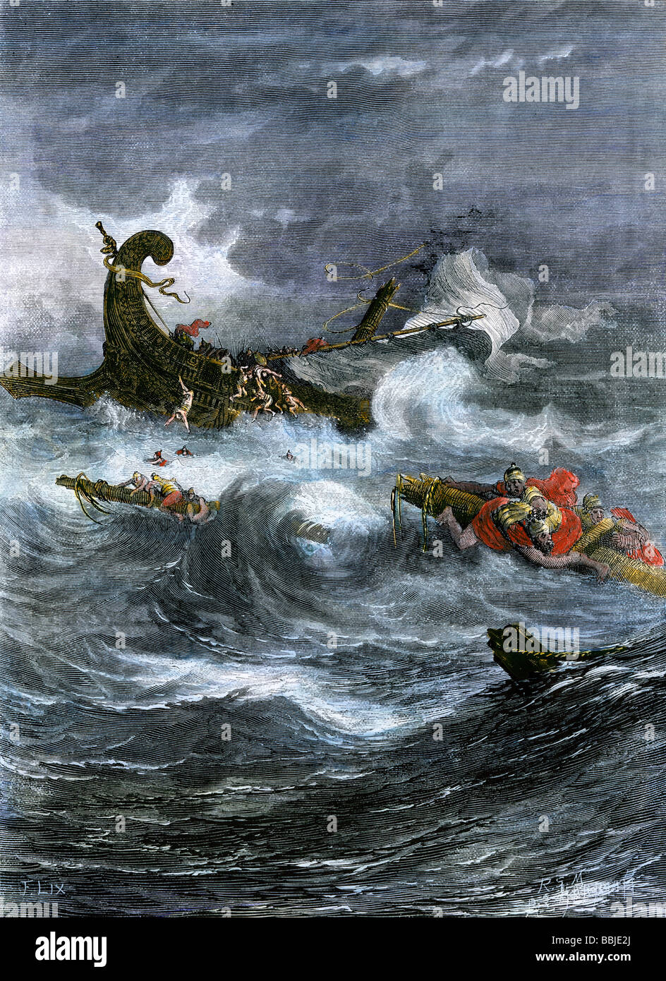 Shipwreck of Apostle Paul off Malta in the Mediterranean Sea. Hand-colored woodcut Stock Photo