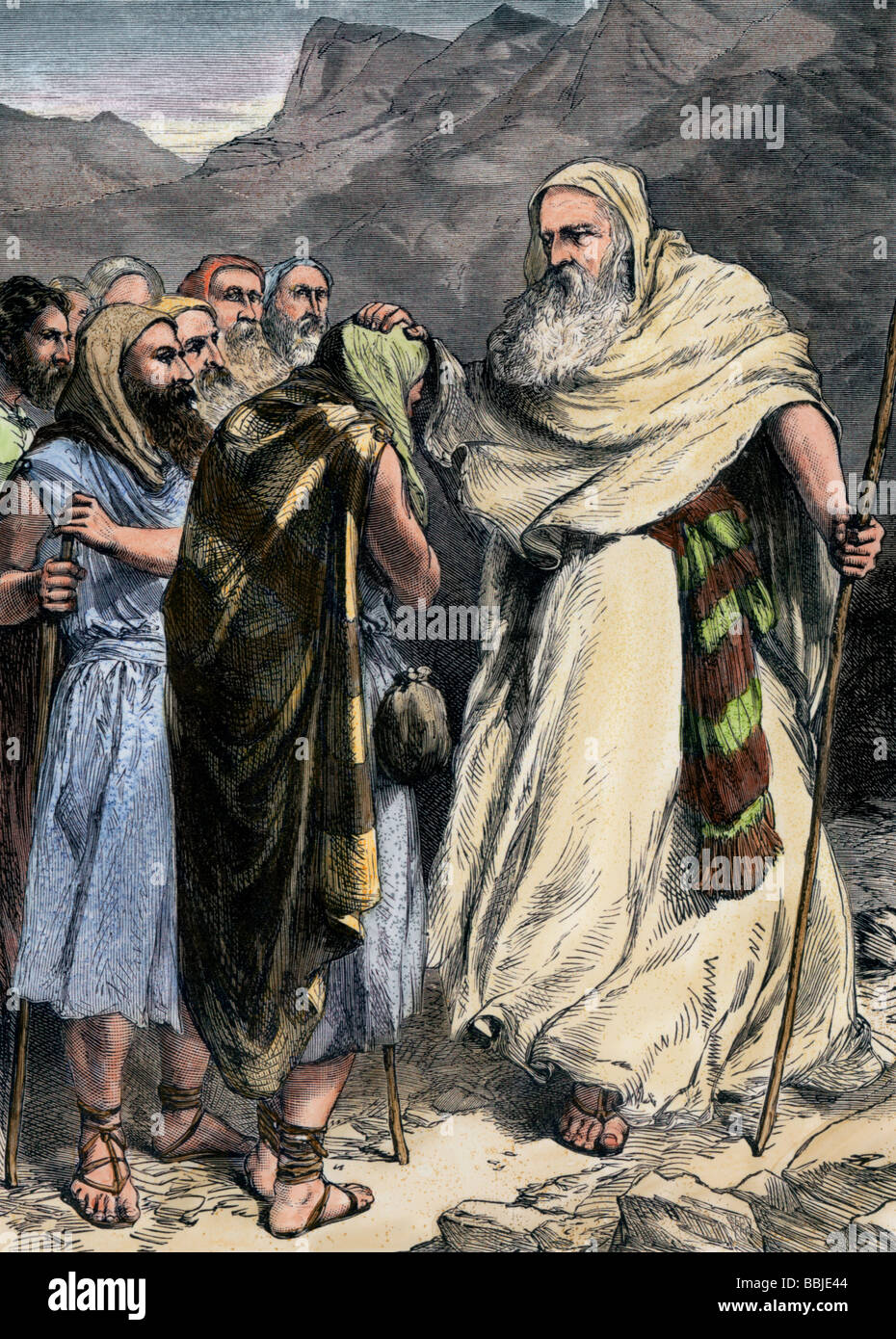 Hebrew people leaving Moses at Mount Pisgah before crossing the Jordan River into the Promised Land. Hand-colored woodcut Stock Photo