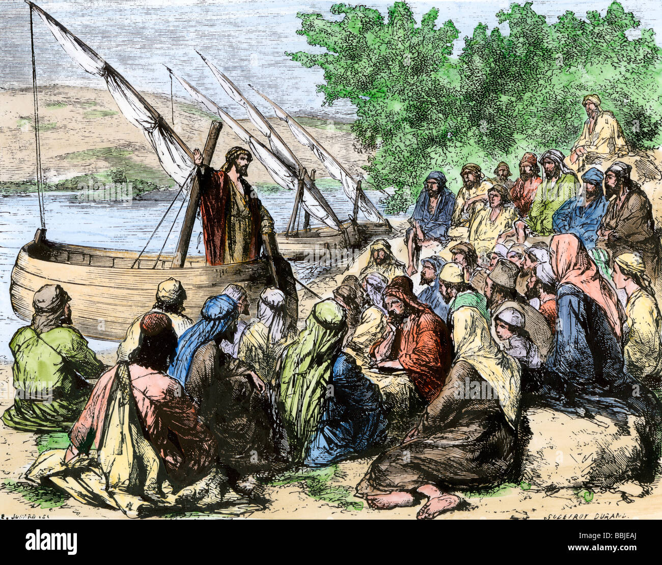 Jesus preaching from a boat on the shore of the Sea of Galilee. Hand-colored woodcut Stock Photo