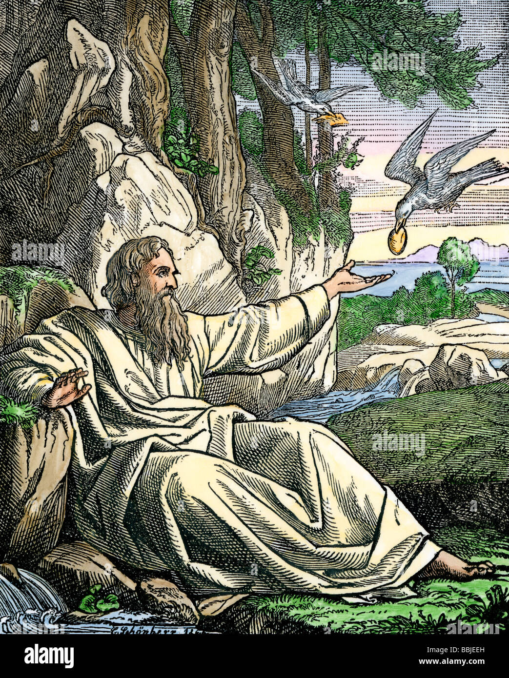 Prophet Elijah fed by birds while hiding in the wilderness. Hand