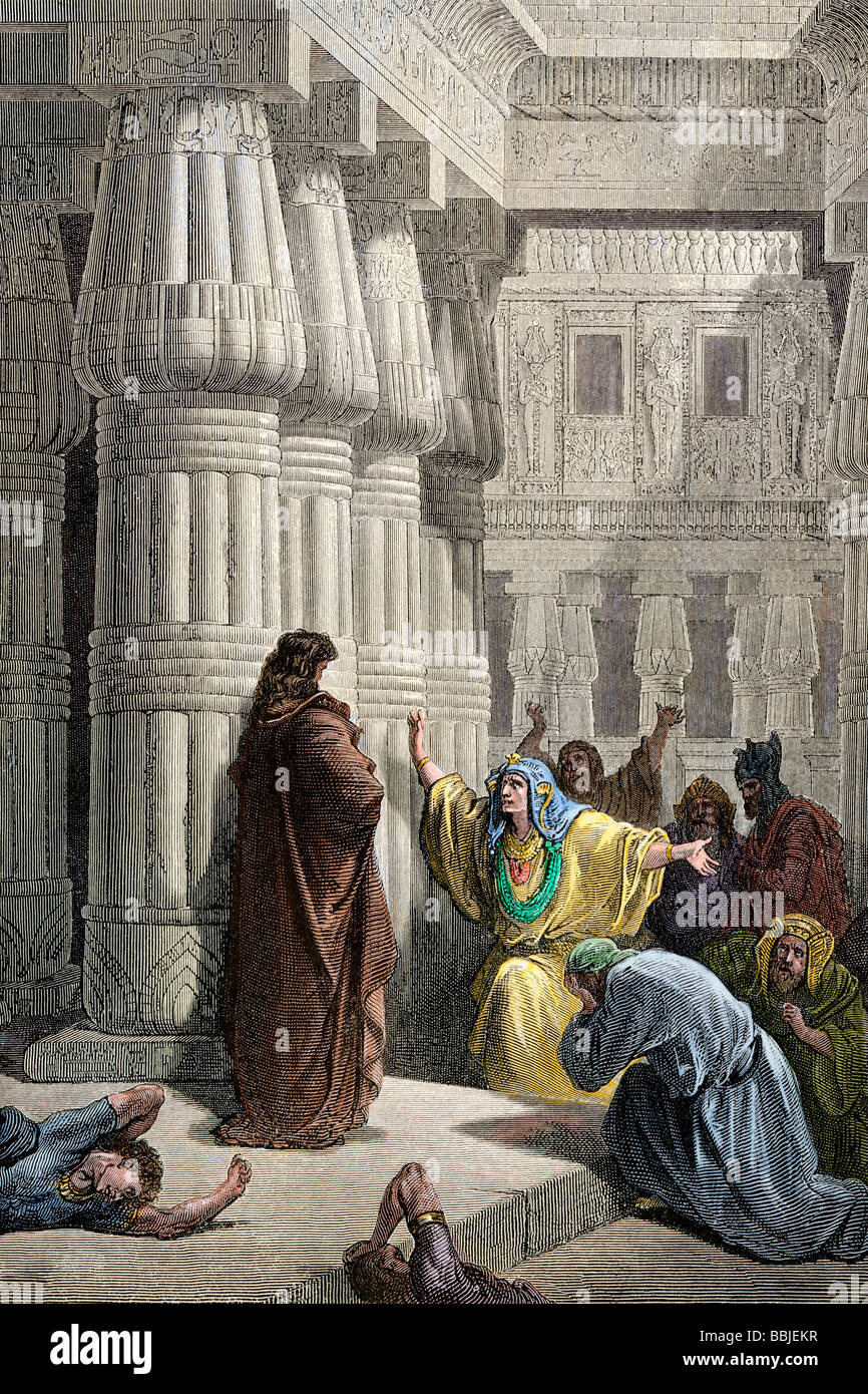 Moses given permission to lead the Hebrew people out of Egypt. Hand-colored woodcut of a Gustave Dore illustration Stock Photo