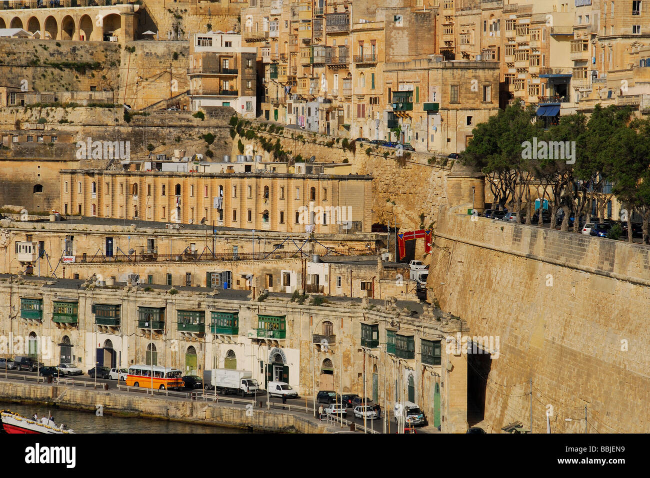 MALTA. Valletta harbourfront by the Grand Harbour, as seen from the Lower Barrakka Gardens. 2009. Stock Photo