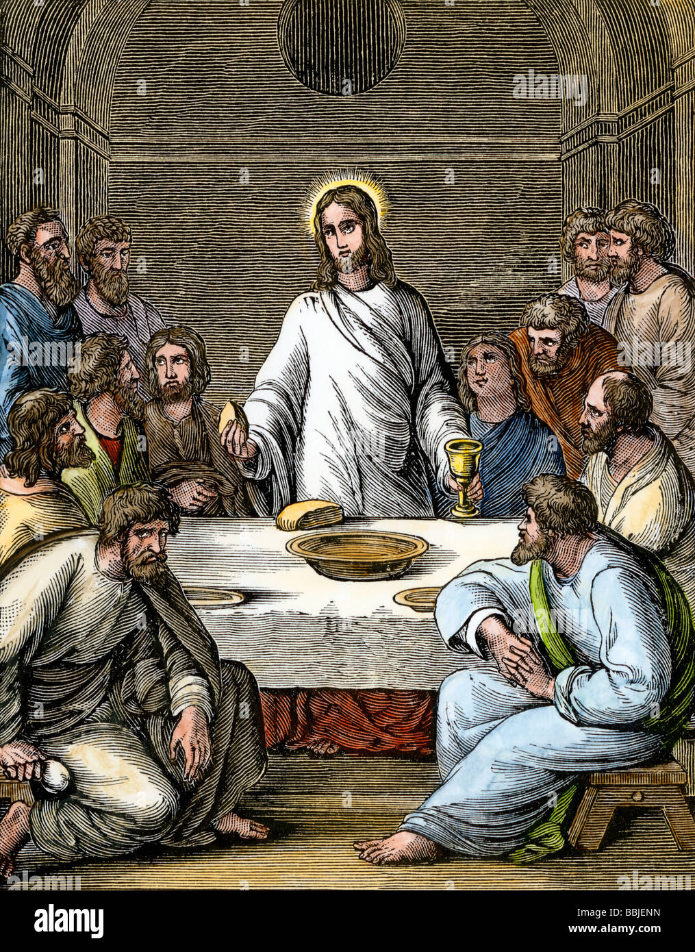 Jesus breaking bread at the Last Supper with the Apostles. Hand-colored woodcut Stock Photo