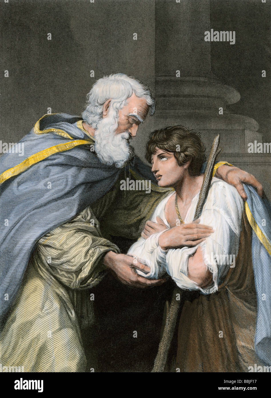 Prodigal son returns home and asks his father's forgiveness, a parable in the biblical Book of Luke. Hand-colored engraving Stock Photo